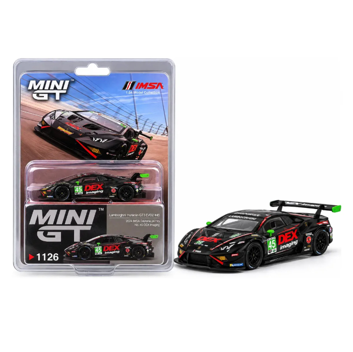 Mini GT x IMSA - Lamborghini Huracán GT3 EVO2 #42 2024 IMSA Daytona 24 Hrs No. 45 DEX Imaging 1:64