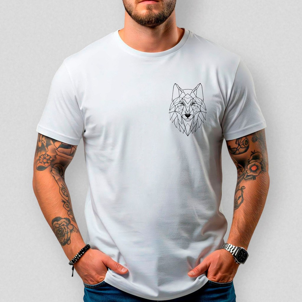 Camiseta Masculina Básica Algodão Premium Lobo Geométrico 233 Estilo Street Moda Casual Conforto