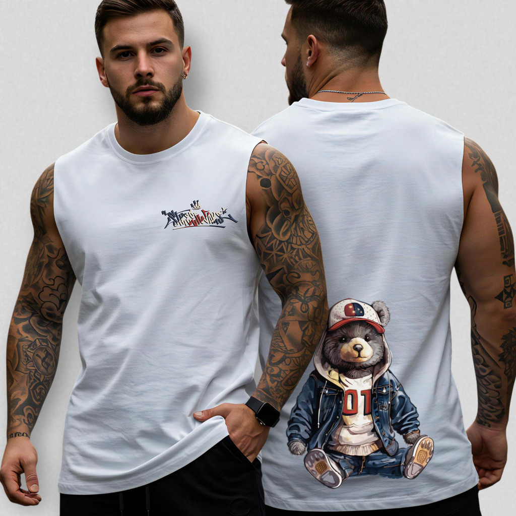 Camiseta Regata Oversized Masculina Urso Street 97 Algodão Premium Estilo Academia Casual Treino