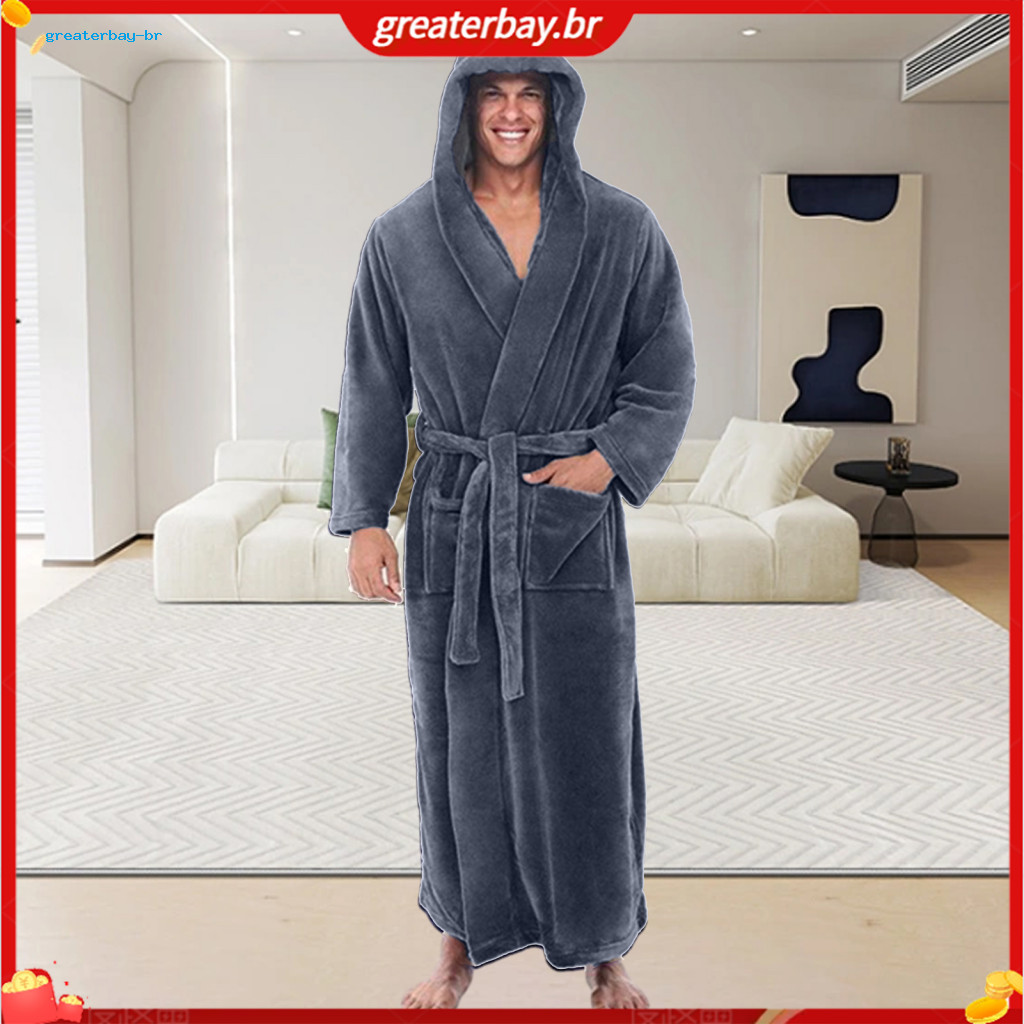 Men's Hooded Bathrobe with Adjustable Belt Super Soft Fluffy Fabric Highly Absorbent Solid Color Convenient Pocket Desig