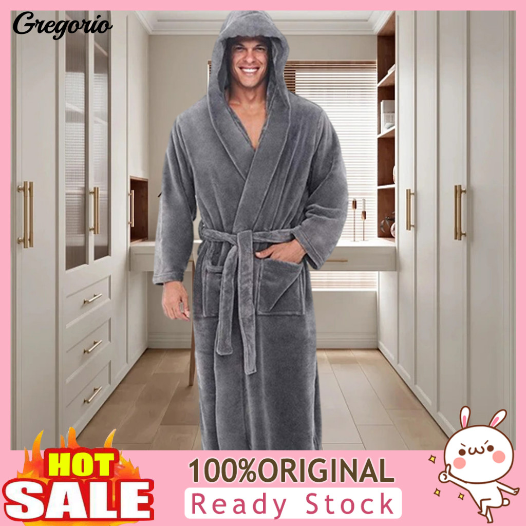 Quick Dry Bathrobe Coral Fleece Men’s Hooded with Adjustable Belt Super Soft Fluffy Highly Absorbent Solid Color Pocke