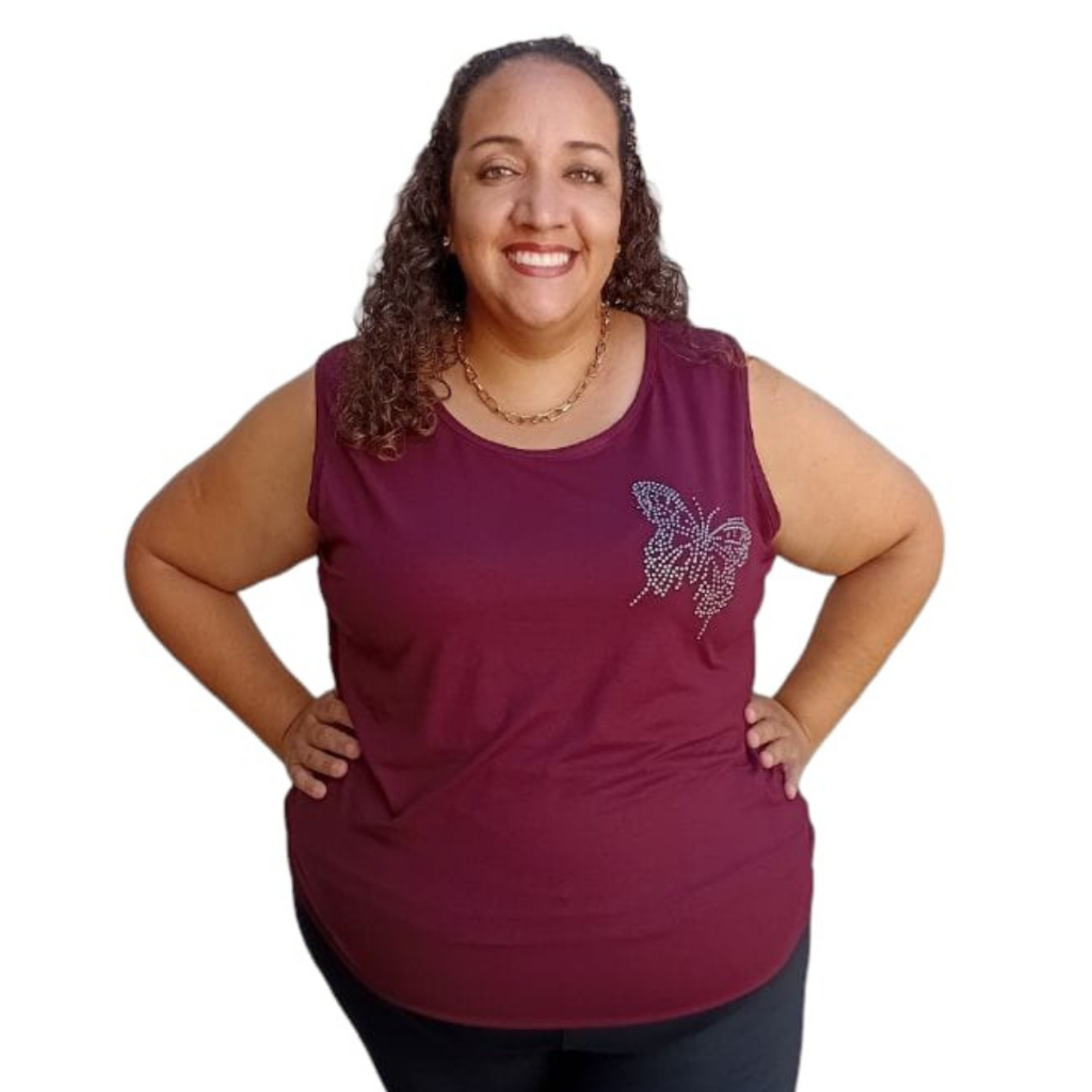Regata Feminina Alça Larga Tamanho 40 ao 64 (M ao G10) Regata Plus Size Detalhe Borboleta Prata