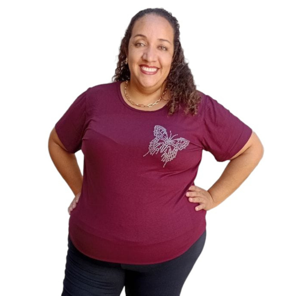 Blusa Feminina Plus Size Tamanho 40 ao 64 (M ao G10) Camiseta Detalhe em Pedraria Borboleta Prata