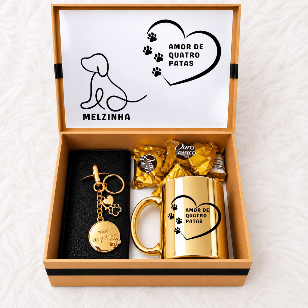 Kit Presente Mãe de PET Personalizado com Caneca + Chaveiro Semijoia + Caixa MDF + Bombons