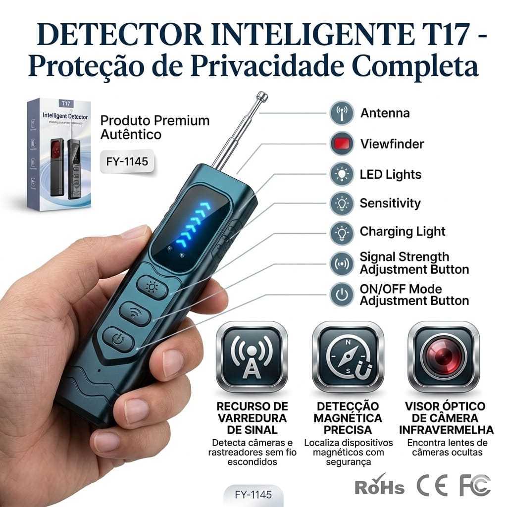 Câmera Oculta Infravermelha Inteligente E Detector De Escuta Sinais Sonoros Anti-Espião T17