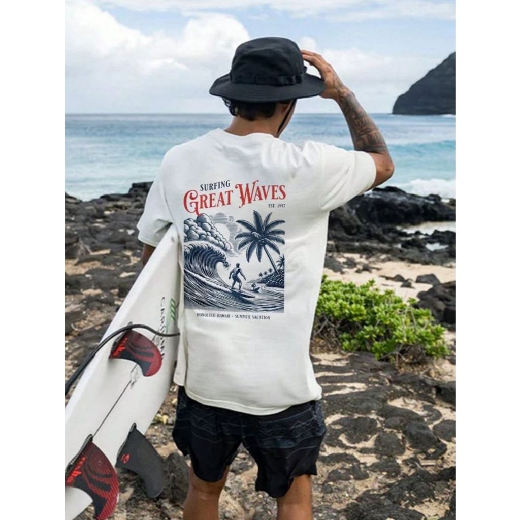 Camiseta Masculina Estampada com:  Surfing Great Waves - 100% Algodão Manga Curta Gola Redonda Confortável Leve Casual