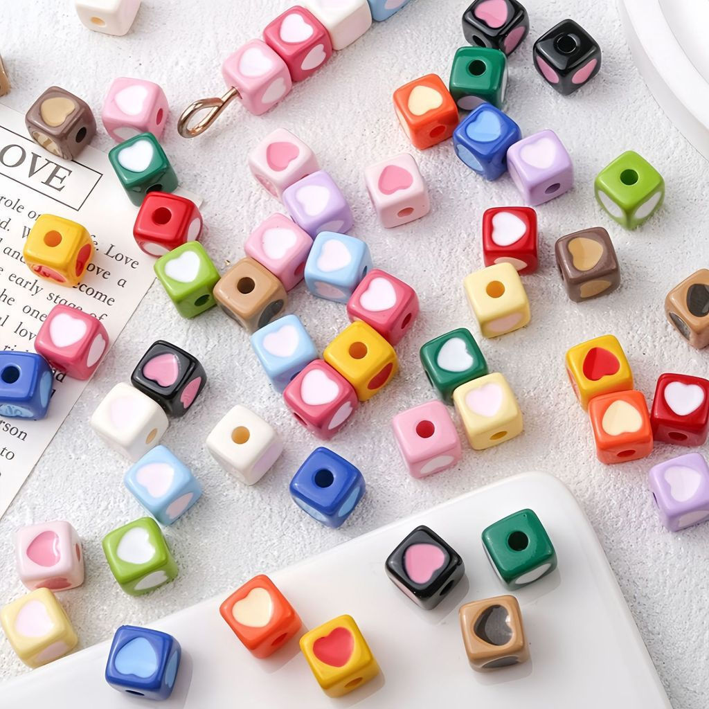 10个/Set，8mm，Acrylic material，Oil dripping process，Heart-shaped、Square beads，Used for making jewelry，It can also be used