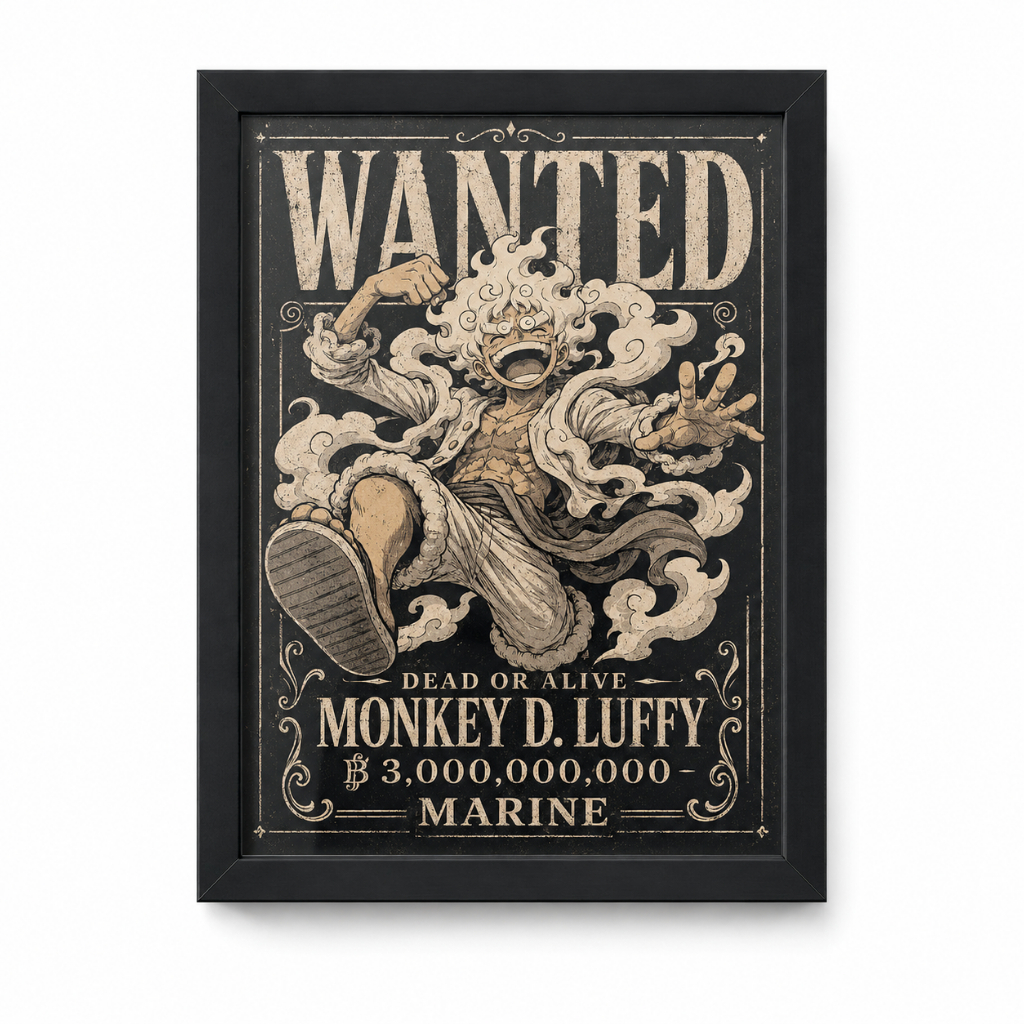 Quadro PREMIUM LUFFY Gear 5 One Piece Wanted A4 21x30 com Moldura Anime Decoração Geek
