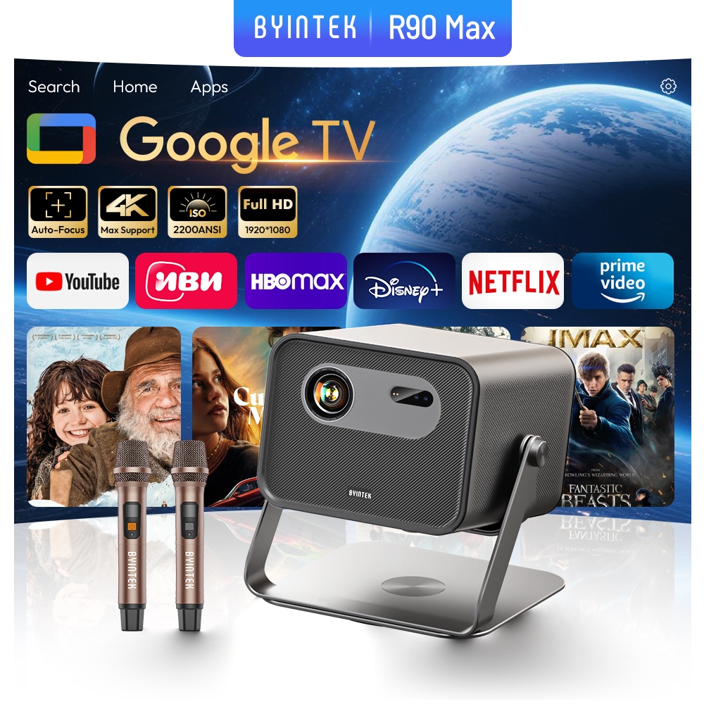 Projetor Byintek R90Max Magic 4 Max  4K 1080P 700 ANSI Bateria 20800mAh Google TV 11.0 Licenciado TOF MEMC 4LED