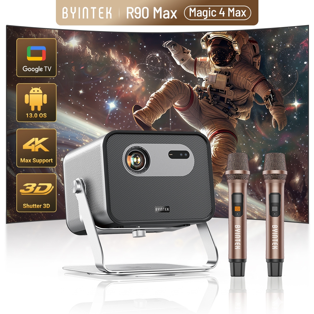BYINTEK R90 Max Magic 4 Max 1080P Projetor 4K Full HD DLP 2200 ANSI Lumens Google TV 11.0 3D 4K