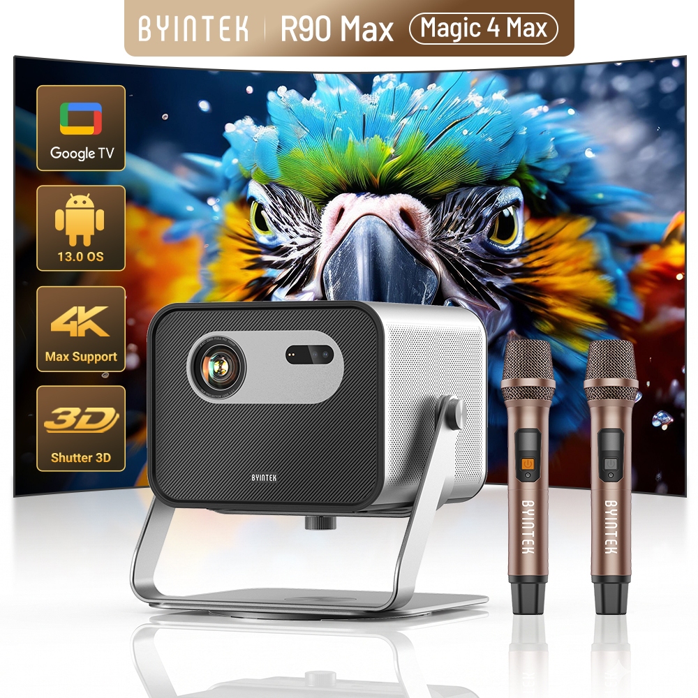 Byintek R90 Max Magic 4 Max Full HD 1080P Projetor DLP 2200 ANSI Lumens Google TV 11.0 3D 4K Mosquetão