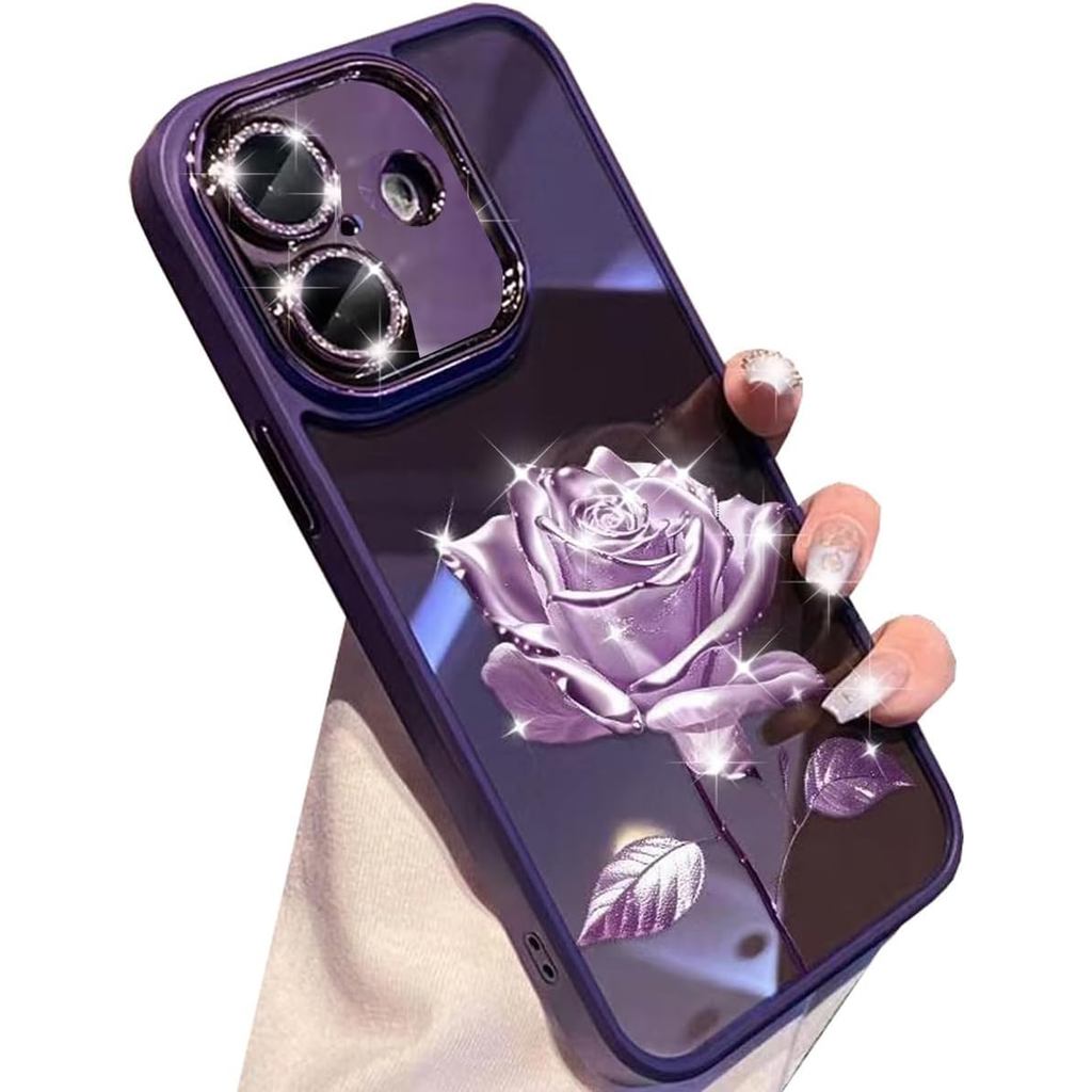 Capa Transparente Changjia para iPhone 16 Plus, Rosa Fada, com Flores e Brilho, Protetor de Lente da Câmera, Bumper de T