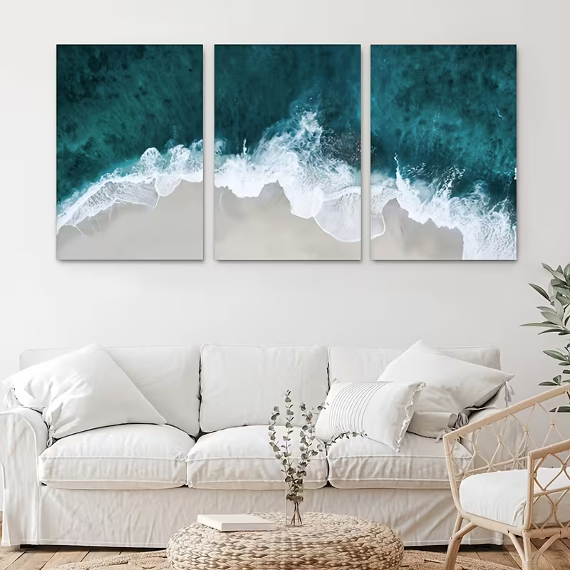 Kit 3 Quadros Decorativos Oceano e Areia Premium Decoração de Sala Praia Vista Aérea S/ Furar Parede