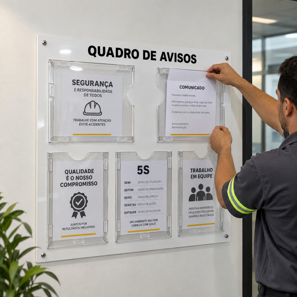 Quadro Avisos Gestão Á vista Profissional Recados Acm Branco 5 Displays Folha A4 Transparente