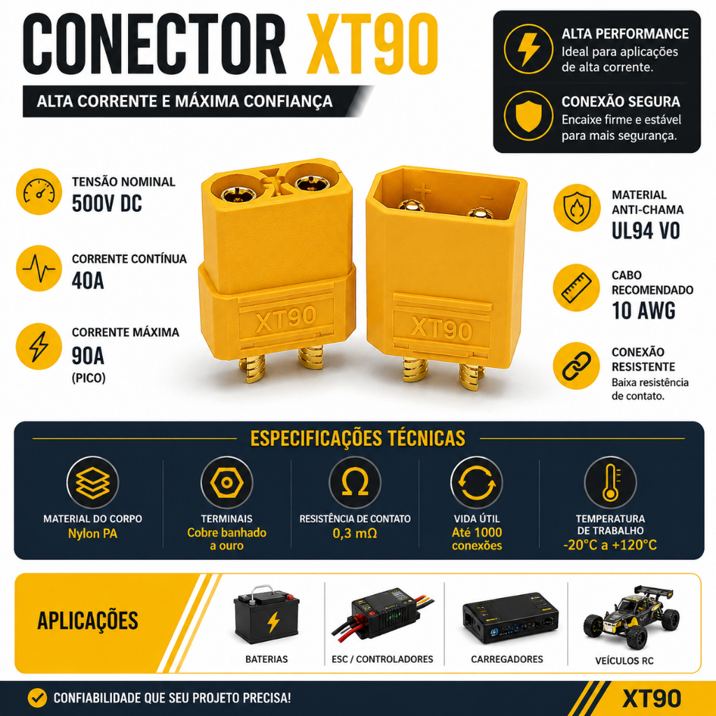 Conector XT90 Macho e Fêmea 90A Plug Bateria Lipo RC Veículo Elétrico