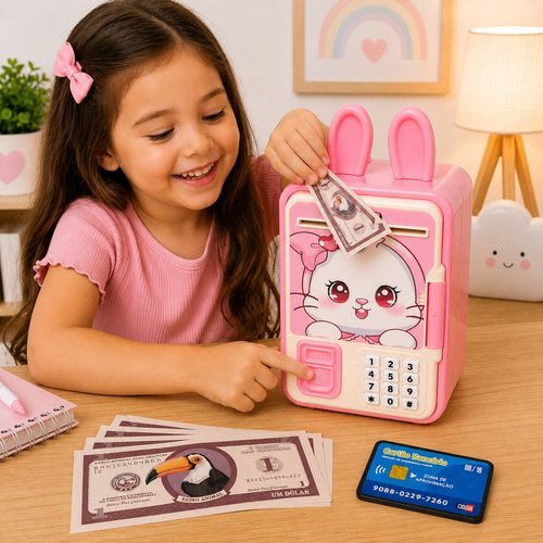 Cofrinho Eletrônico Coelho Infantil  Senha e Impressão Digital Mini ATM + 3 Anos