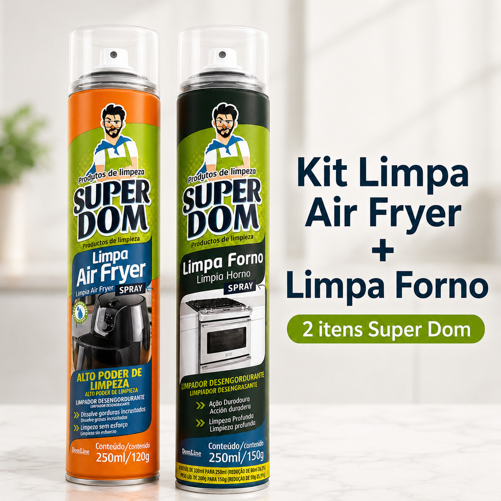 Kit Limpa Air Fryer + Limpa Forno Spray Super Dom Limpa e desengordura a sujeira da cozinha.