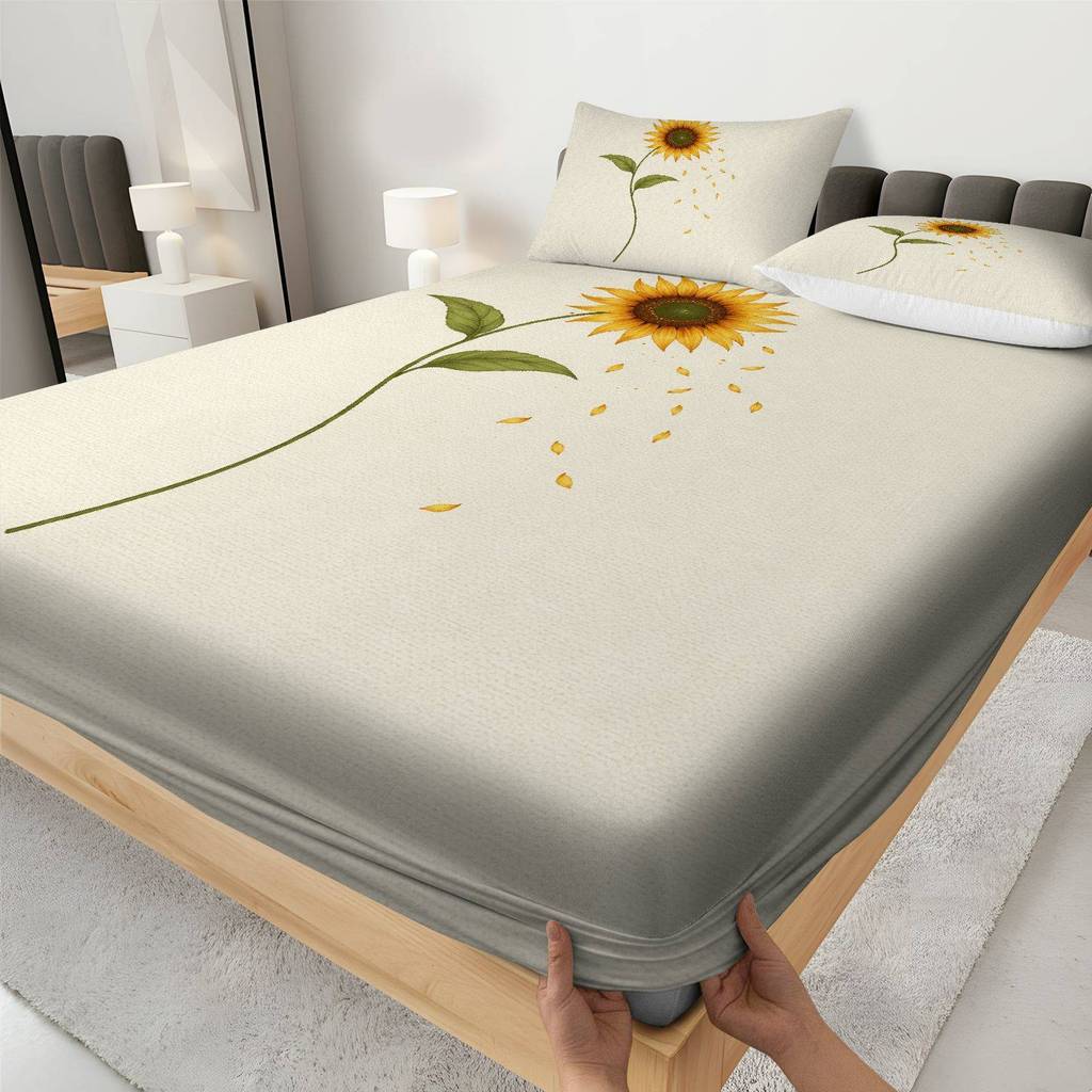 Grab a bargain! 3Pcs Sunflower Floral Fitted Sheet Set |1 Fitted Sheet+2 Coreless Pillowcases