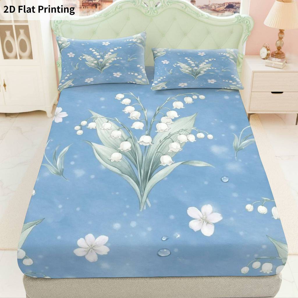 Conjunto 3 Peças Lençol Lily Azul (1 +2 Fronhas, Coreless), Tema Primavera, Roupa Cama Macia