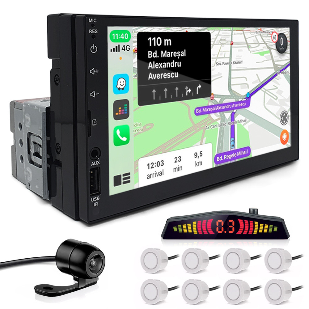 Kit Multimídia 1 Din 7 Polegadas + Câmera Ré + Sensor 8 Pontos Branco Audi A1 2010 2011 2012 2013 Android Auto