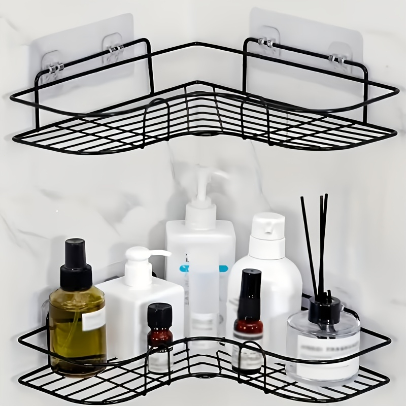 1/2pc Large Forged Iron Black Wire Mesh Design No Drilling Wall Mounted Bathroom Storage Shelf Easy Access And Organizat