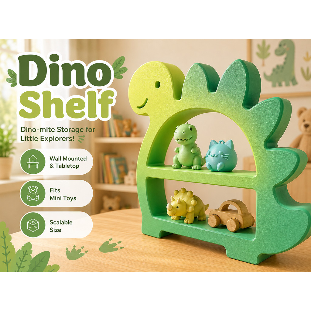 Dino Shelf Buddy – Prateleira de Parede e Mesa Infantil - Organizador Decorativo Impresso em 3D