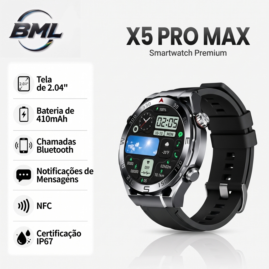 BML Relógio X5 PRO MAX Smartwatch Masculino Bluetooth Call Heart Rate Monitor Vários Modos Esportivos