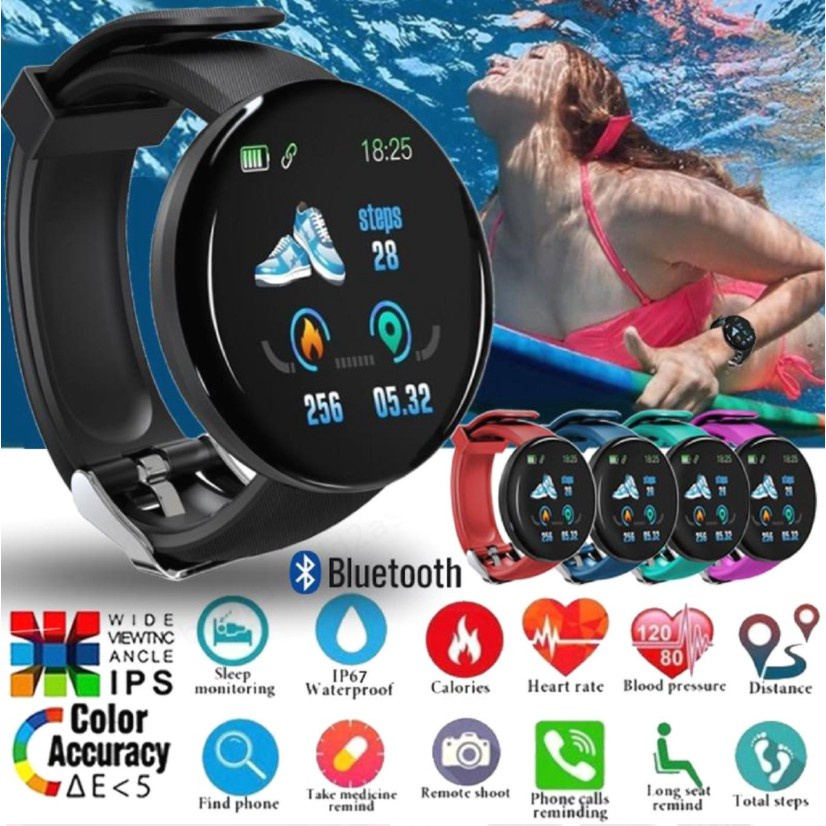 D18 Bluetooth Smart Shockproof Fitness Heart Rate Recording Watch Informação Lembrete Função De Alarme