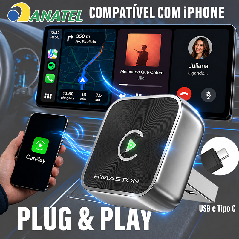 CarPlay Adaptador Sem Fio Android Auto 2 em 1 USB e Tipo-C Wireless Conexão Automática Rápida e Estável