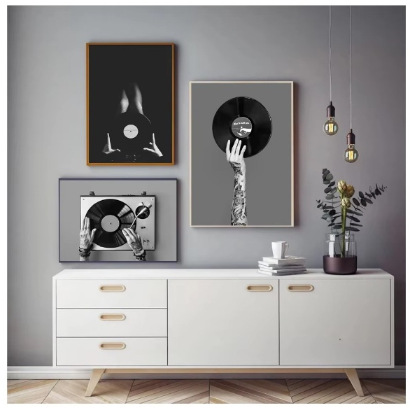 Quadros decorativos Música vintage Wall Art, Preto e Branco Vinil Record (3 peças)