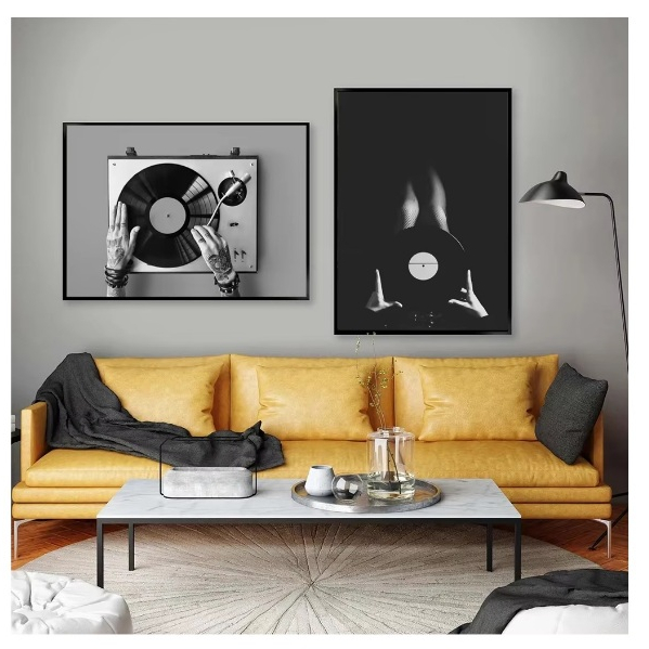 Quadros decorativos Música vintage Wall Art, Preto e Branco Vinil Record (3 peças)