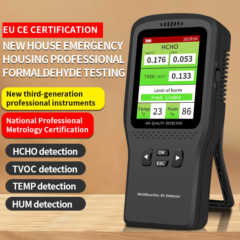 Detector De Formaldeído 4 Em 1 De Uma Peça , Testador De Umidade E Temperatura HCHO TVOC Com Display Colorido Para Monit