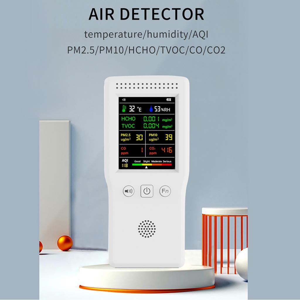 Monitor de qualidade do ar Geevorks Detector portátil 9 em 1 Temperatura Umidade PM2.5 PM10 HCHO TVOC C-O CO2 AQI Tela