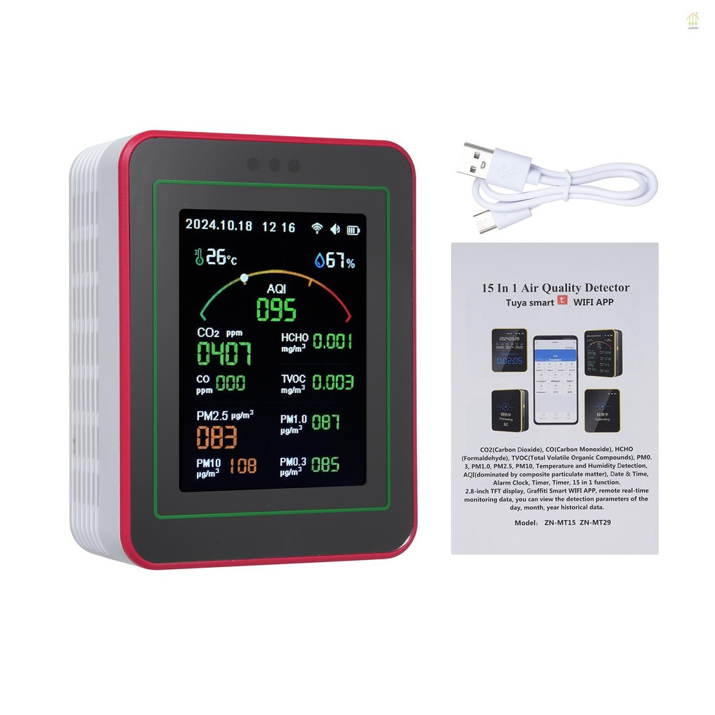 Monitor De Qualidade Do Ar 15 Em 1 Testador Inteligente Com CO/CO2/HCHO/TVOC/AQI/PM0.3/PM1.0/PM2.5/PM10/Temperatura/Umid