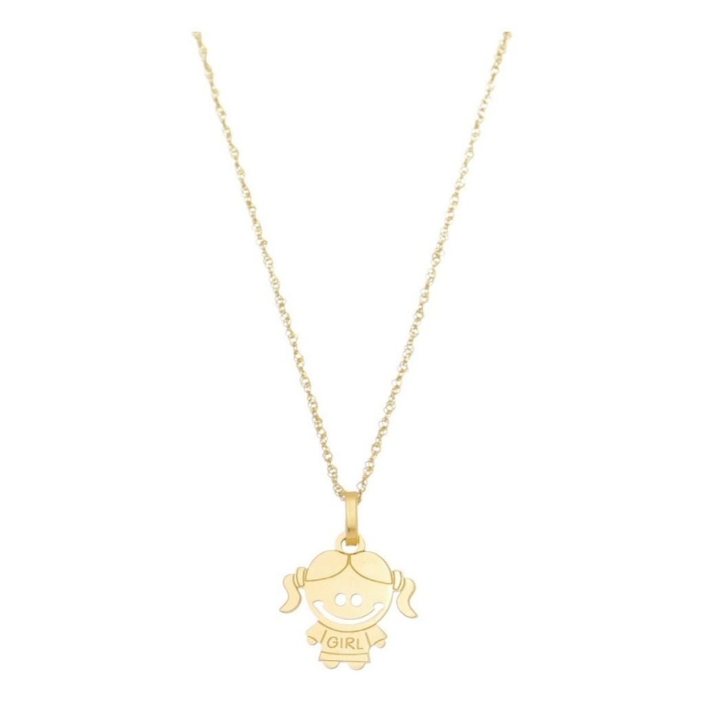 Pingente Menina Filha Girl Com Corrente Singapura Em Ouro 18k