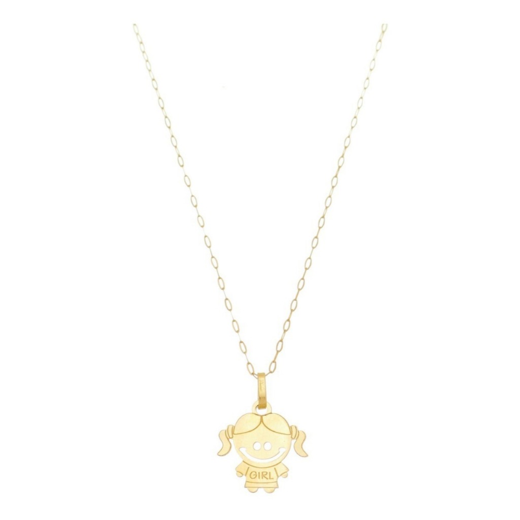 Pingente Menina Filha Girl Com Corrente Americana Em Ouro 18k