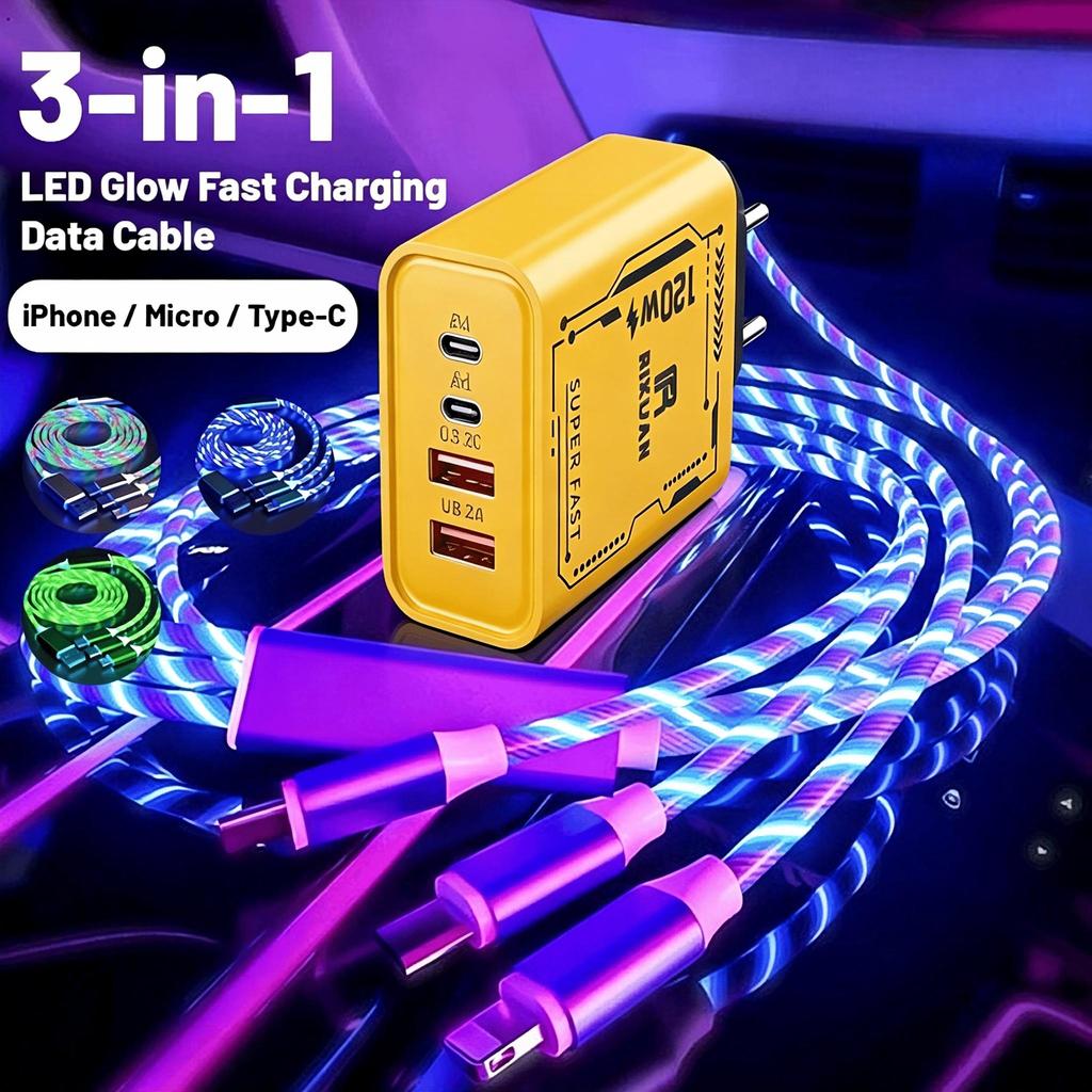 3 Em 1 Fluindo LED Neon Light-Up Cabo De Dados De Carregamento Rápido Decoração Atmosférica Para Telefones iPhone E Andr