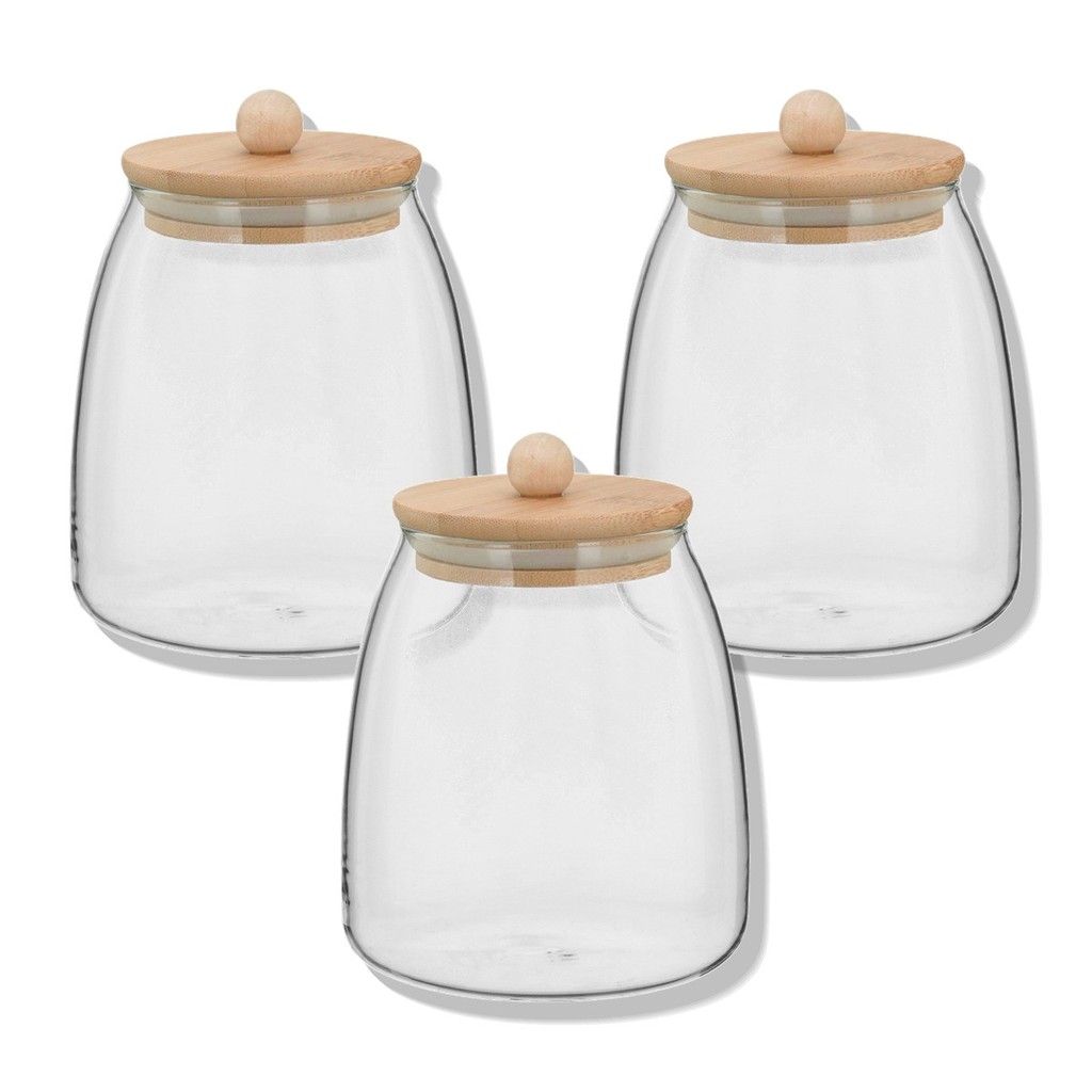 Kit 3 Potes Porta Mantimentos Table Tampa Bambu Borossilicato 900ml 15x11x11cm