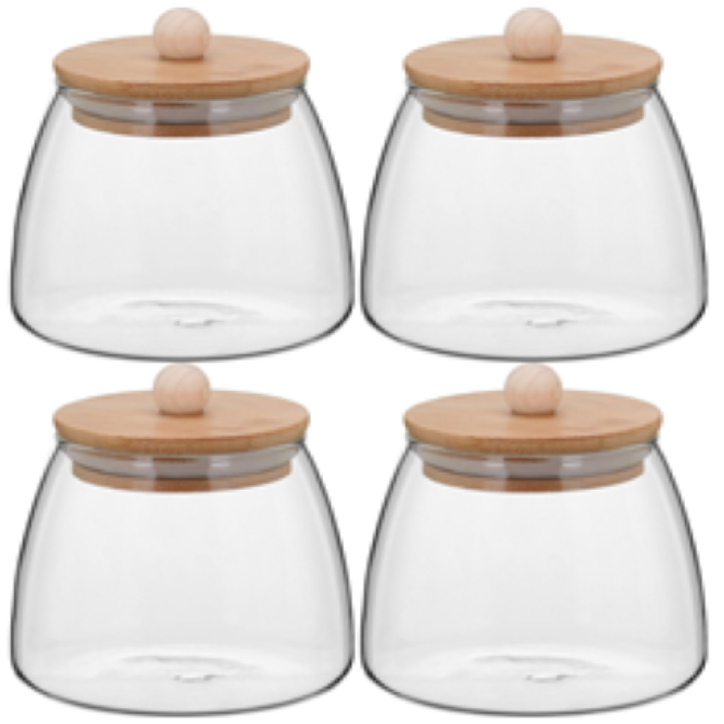 Kit 4 Potes Porta Mantimentos Table Tampa Bambu Borossilicato 450ml 10x11x11cm
