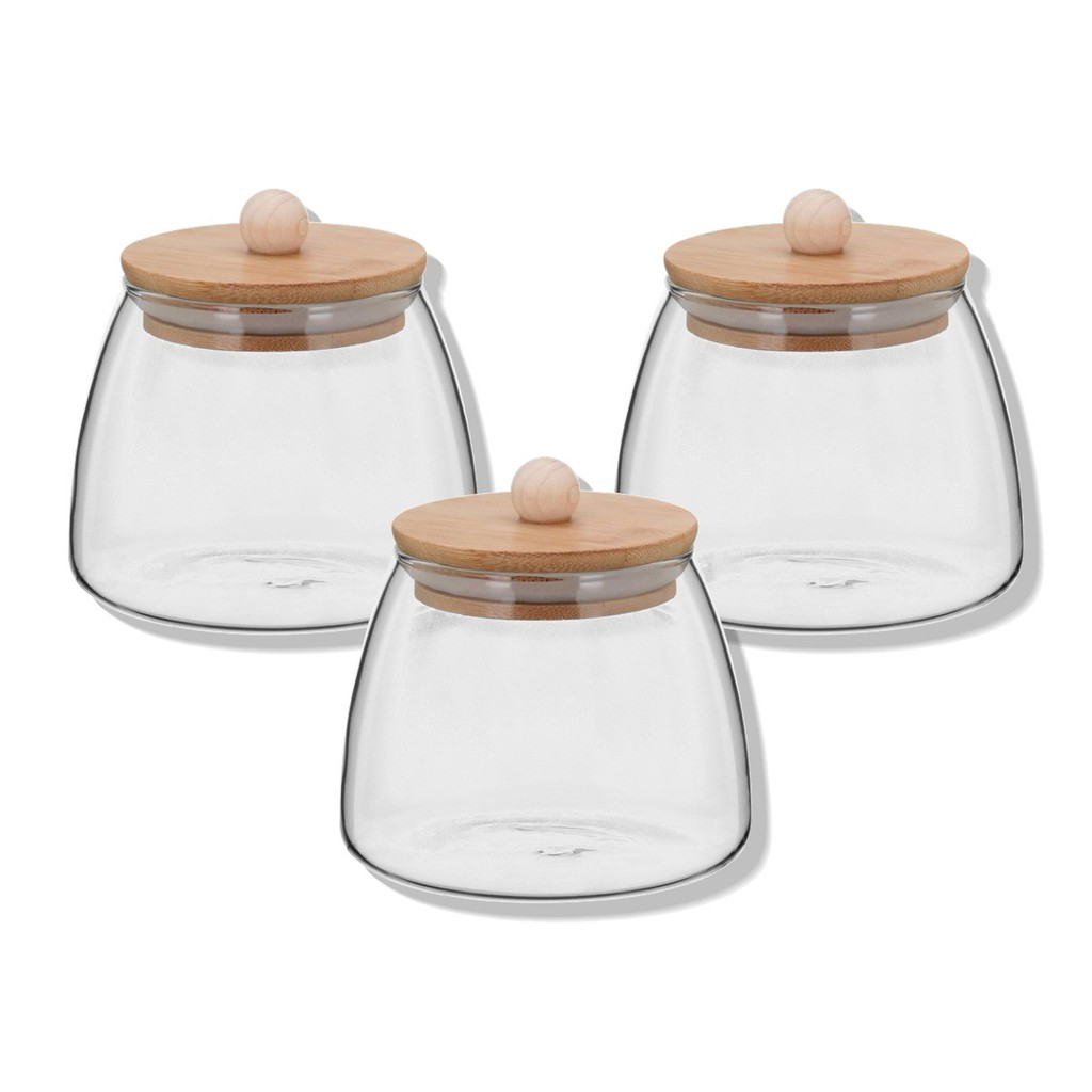 Kit 3 Potes Porta Mantimentos Table Tampa Bambu Borossilicato 450ml 10x11x11cm