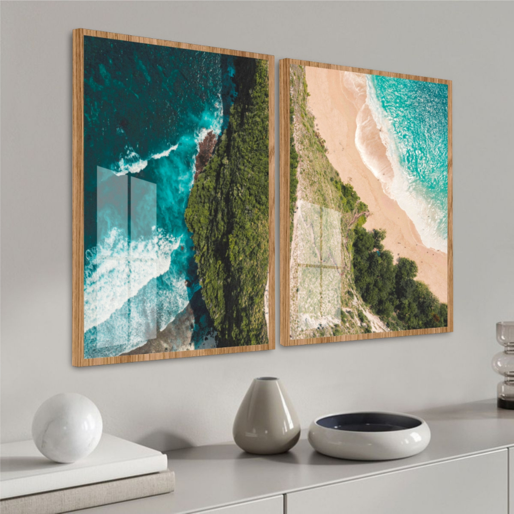 Kit 2 Quadros Decorativos Praia e Vista Aérea Toque Moderno Litorânico Mar Azul Turquesa Cristalino