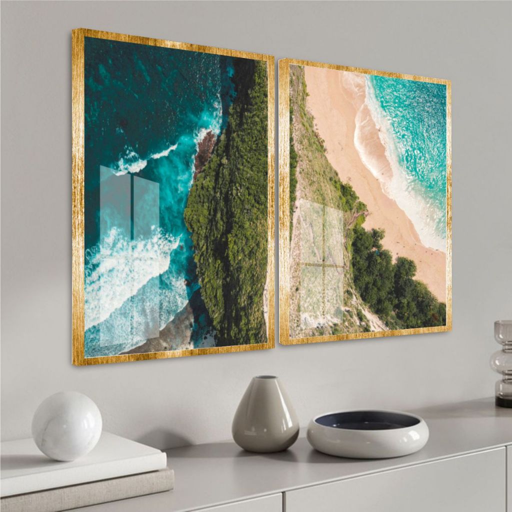Kit Quadros Decorativos Vista Aérea Praia Felésias Encontro Do Mar e Costa Tons Azuis Verdes