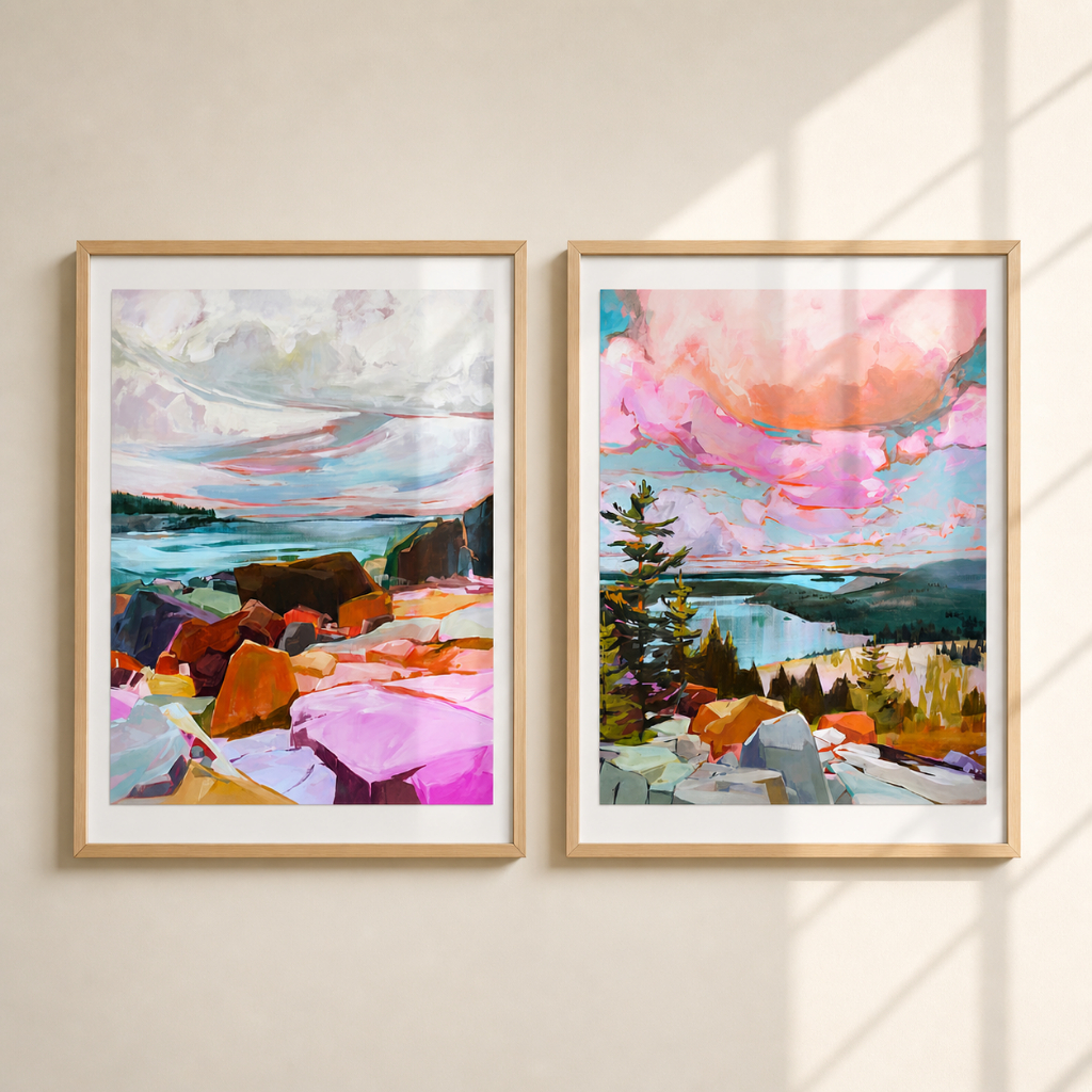 Kit 2 Quadros Decorativo Paisagem Abstrata Rochosas A Vistas De Água Com Nuvens Tons Vibrantes