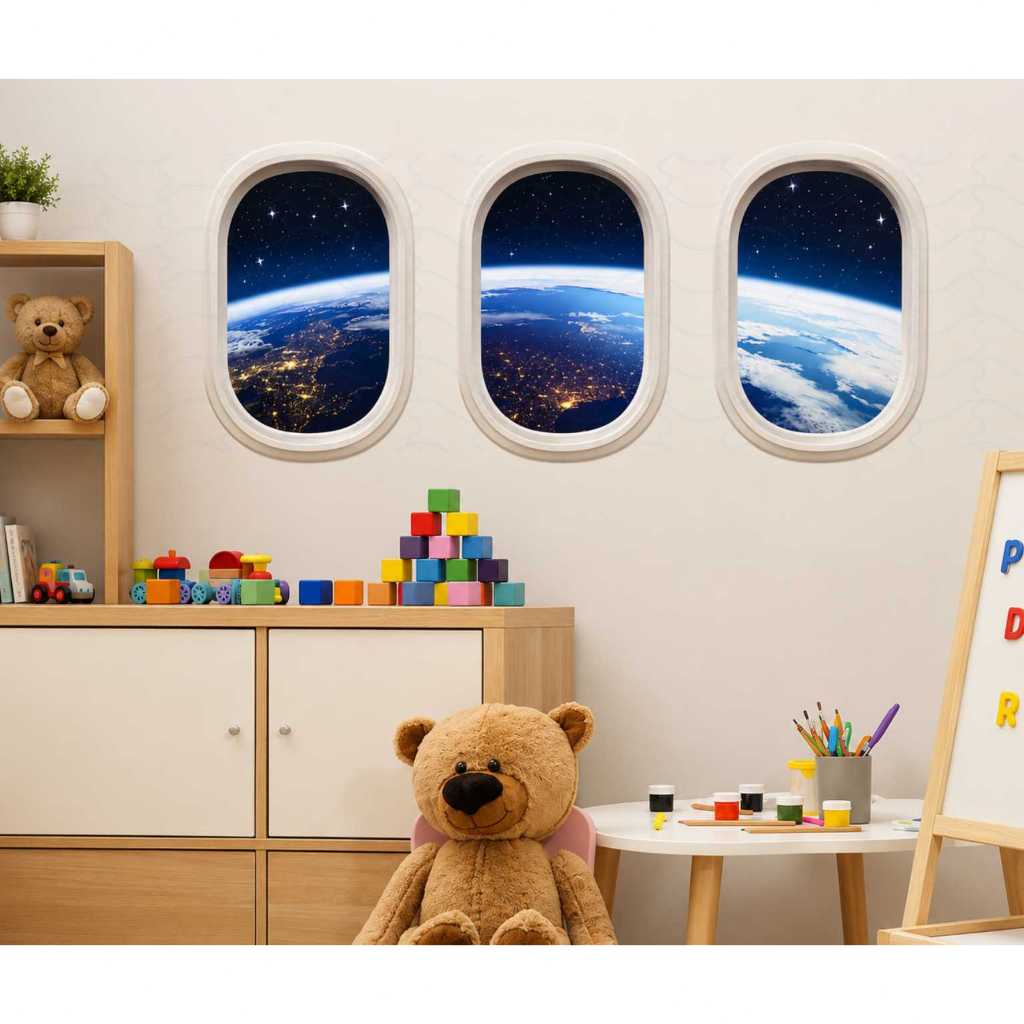 Adesivo Parede Astronauta 3D Vista da Nave Espacial Planeta Terra espaçonave Kit 3  | Decoração Sala Quarto Banheiro
