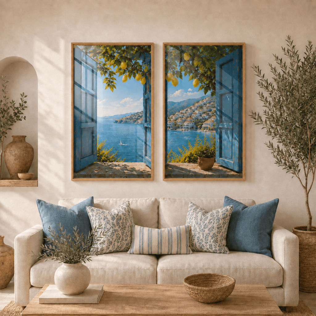 Kit 2 Quadros Decorativos Vista Janela Mar Mediterraneo Limao Siciliano Azul Elegante Para Sala De Estar Quarto Varanda