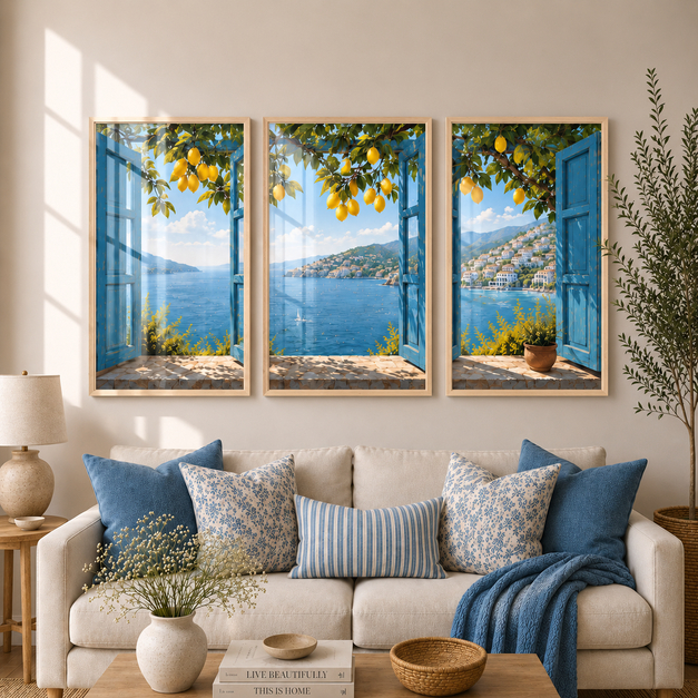 Kit 3 Quadros Decorativos Sala Quarto Escritório Janela com Vista para o Mar e Limoeiro