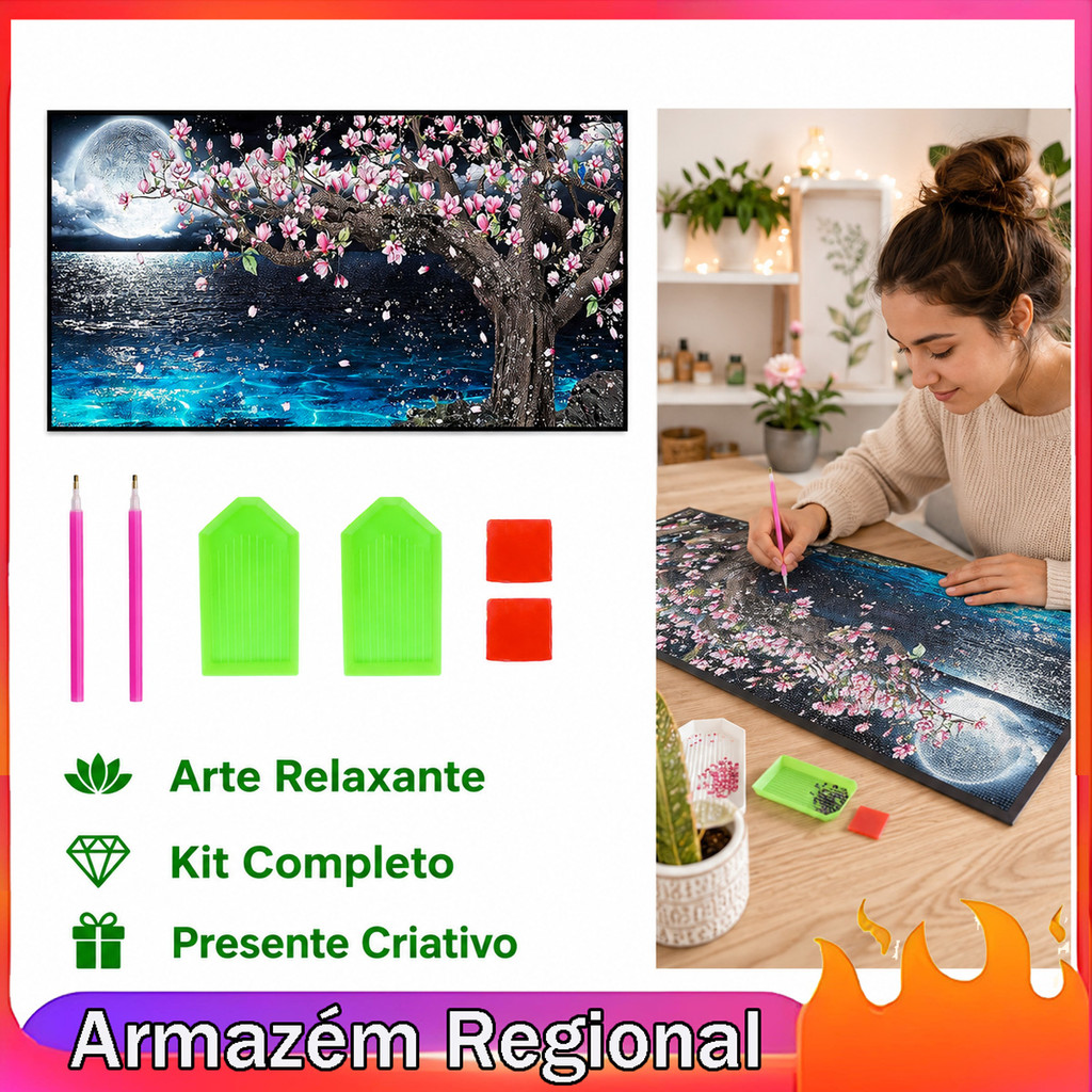 Árvore de pêssego vista noturna paisagem pacote de Material de diamante artesanal DIY adesivos de diamante completo Kit