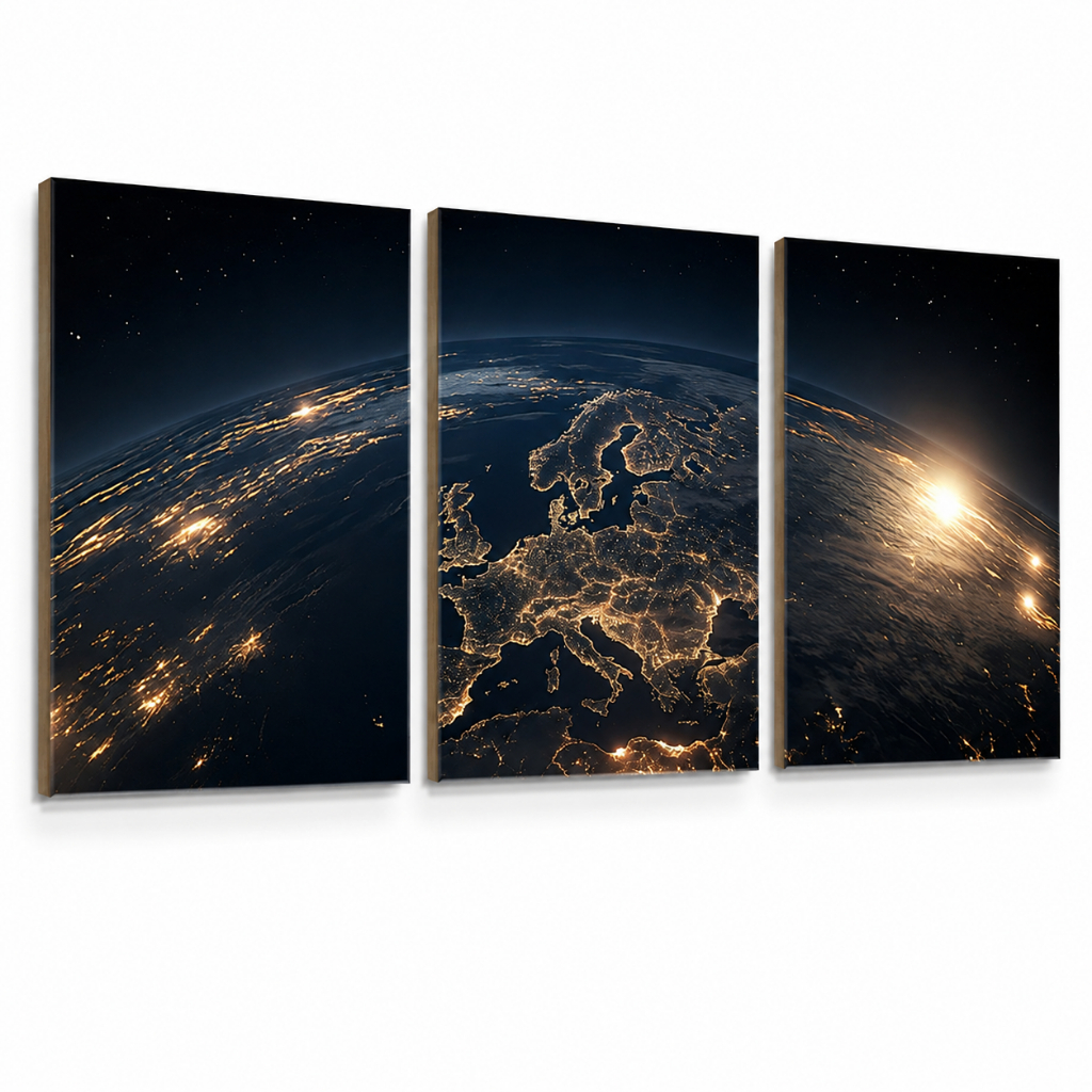 Kit 3 Peças Quadros Decorativos Planeta Terra Vista do Espaço Noturna | Placa MDF Astronomia
