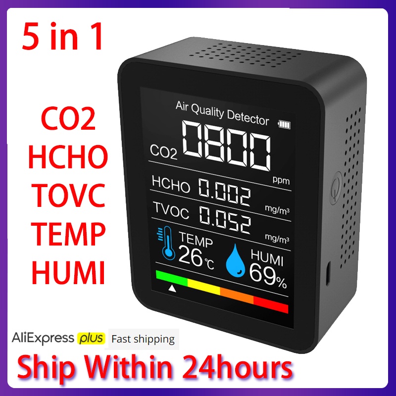 5 Em 1 Medidor De CO2 Digital Temperatura Umidade Sensor Testador Monitor Qualidade Do Ar Dióxido Carbono TVOC Formaldeí