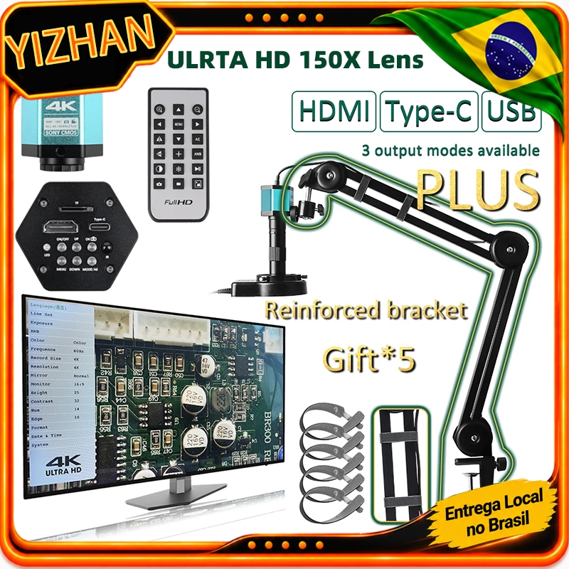 YIZHAN Microscópio Digital 4K FULL HD HDMI VGA 1080P Câmera Industrial C-Mount Via Tipo Medição Lente 150x Para Solda Te